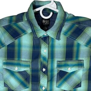 Black Jack Mens Large Plaid‎ Short Sleeve Blue Green Button Down Front Pockets